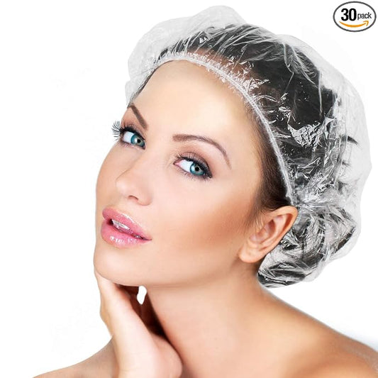 30pcs Disposable Shower Caps-Multi-Purpose Thickening Elastic Bath Cap Plastic Waterproof Clear Shower Cap Bath Shower Caps Women Spa,Men Hair Caps,Home Use,Hotel and Hair Salon, Travel.(Size 46CM)