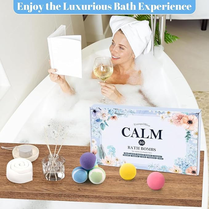 Bath Bombs Set 50 PCS with 10 Scents, Natural Bathbombs, Blue | With Shea Butter & Safe Oil, Bubble Bombs for Women, Ideal for Mother's Day, Valentine's Day, Christmas, Birthday Present