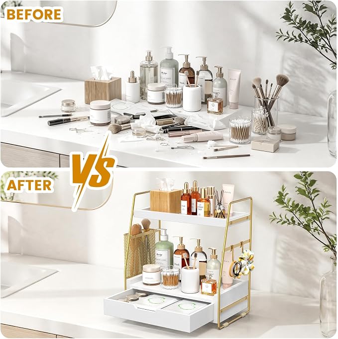 2-Tier Bathroom Counter Organizer with Drawer and Basket, Wood Vanity Countertop Storage for Perfume, Makeup, Skincare, Bathroom Counter Shelf, 13" x 7.9" x 14.5", White Gold