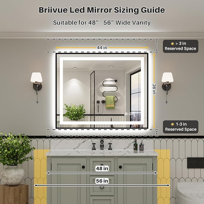 44x36 Inch LED Bathroom Mirror with Black Frame, Backlit & Front Lit | Anti-fog, 3 Color Dimmable, Memory Function, HD Reflection Tempered Glass, ETL Listed, IP54 Waterproof