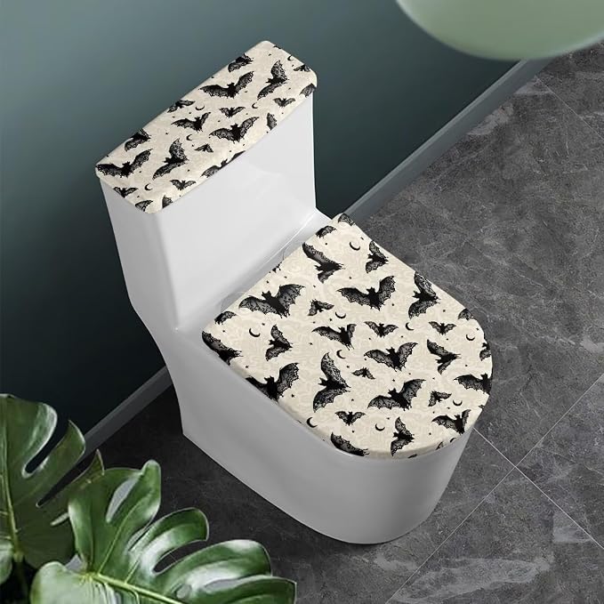 Bat Toilet Lid & Tank Covers for Bathroom, Gothic Toilet Lid Cover Round Non Slip Elongated, Set of 2, Halloween Party Decor