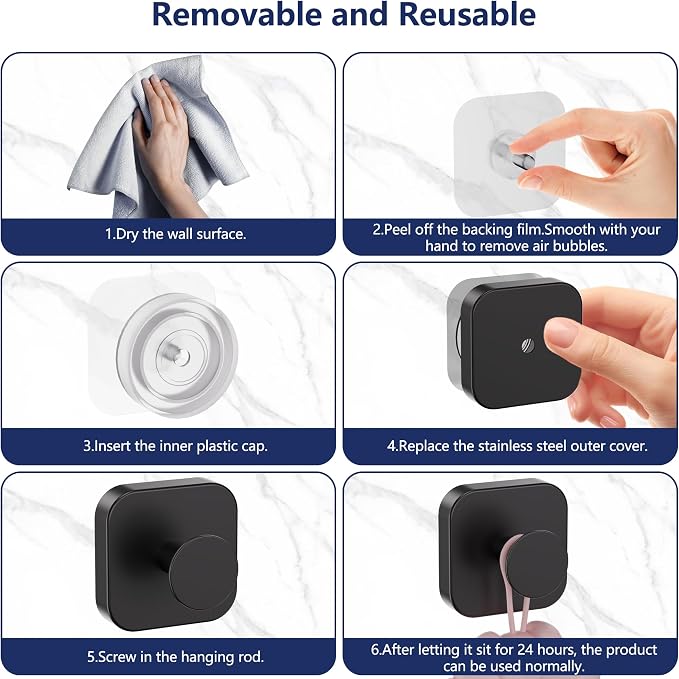 Aikzik Adhesive Hooks for Shower, Heavy Duty Replaceable Sticky Large Wall Towel Hooks for Hanging Towel, Robe, Coat, Stainless Steel Hook for Bathroom and Door, Waterproof & Rustproof - 2 Pack, Black