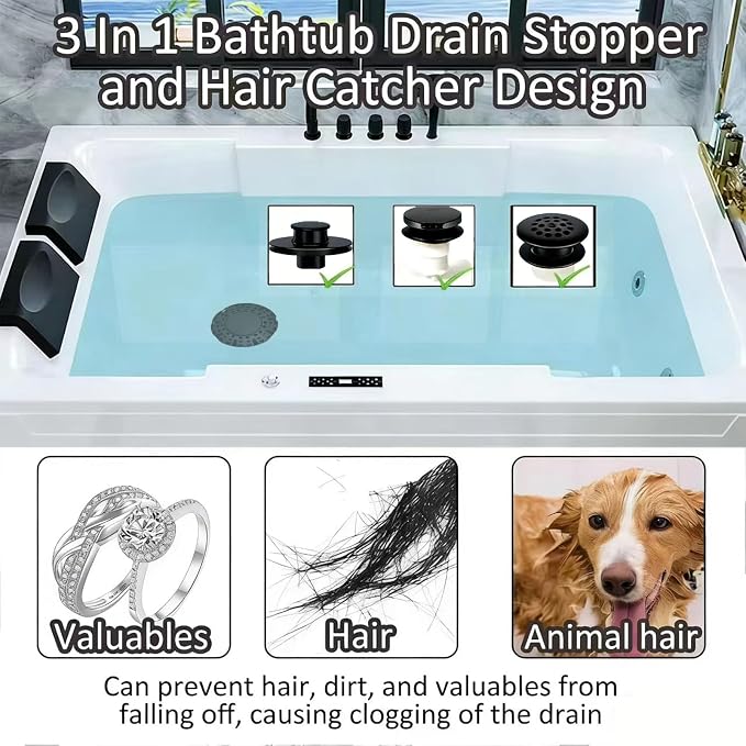 AzWzz Bathtub Drain Stopper,Pop Up Tub Stopper Plug with Hair Catcher Cover | All-metal, Universal for 1.45 in to 1.8 in Tub Drain, Matte Black