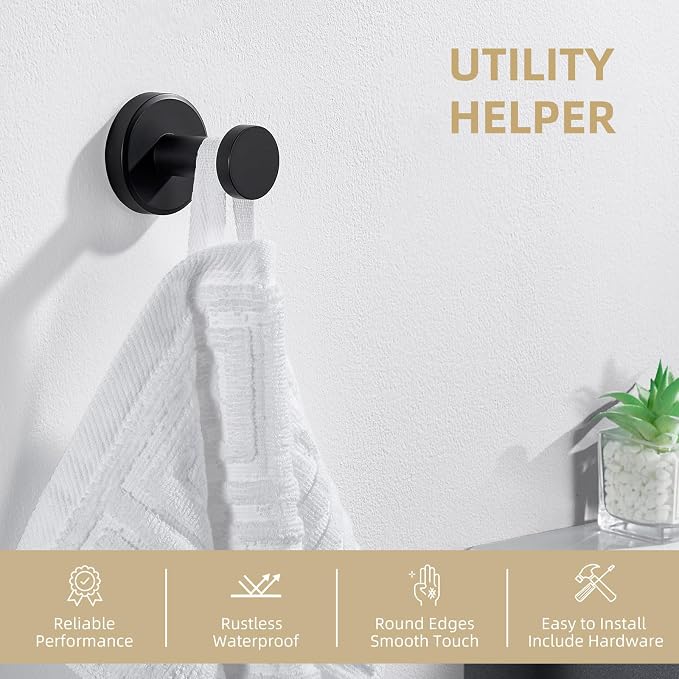 Angle Simple Towel Hook Matte Black, SUS304 Stainless Steel Bathroom Hand Towel Holder, Compact Round Robe Hook Wall Mount