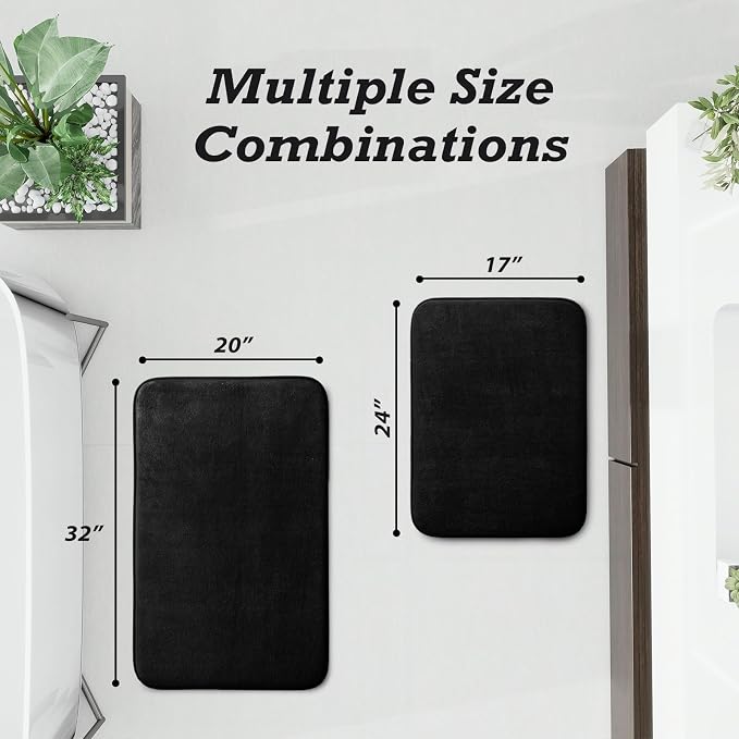 Bathroom Rugs Sets 2 Piece, Non-Slip & Quick Dry Bath Mat Set, Ultra Soft Velvet Bath Rugs for Bathroom, Toilet and Shower Floor, Black