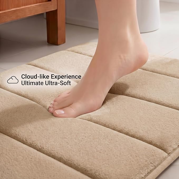 Memory Foam Bathroom Rugs Sets 2 Piece - Super Soft Absorbent Quick Dry Memory Foam Bathroom Rugs, Machine Washable Non Slip Floor Carpet for Tub Shower & Single Sink 32"x20"+24"x16"(Beige)