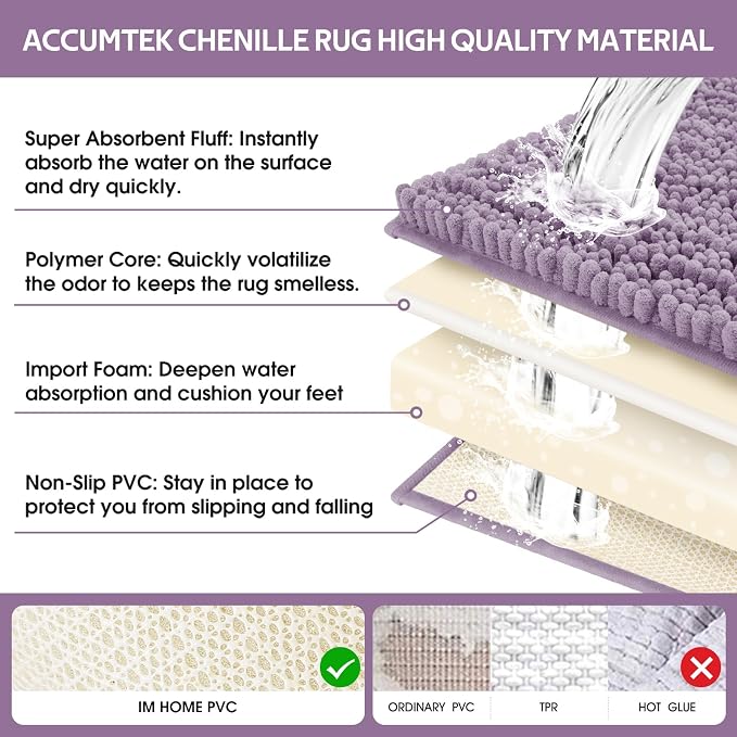 ACCUMTEK Upgrade Extra Large Lavender Bathroom Rug Set 3 Pieces Ultra Soft, Thick Absorbent Bath Mats, Non Slip Chenille Toilet Mat for Bathroom, Bedroom, Kitchen