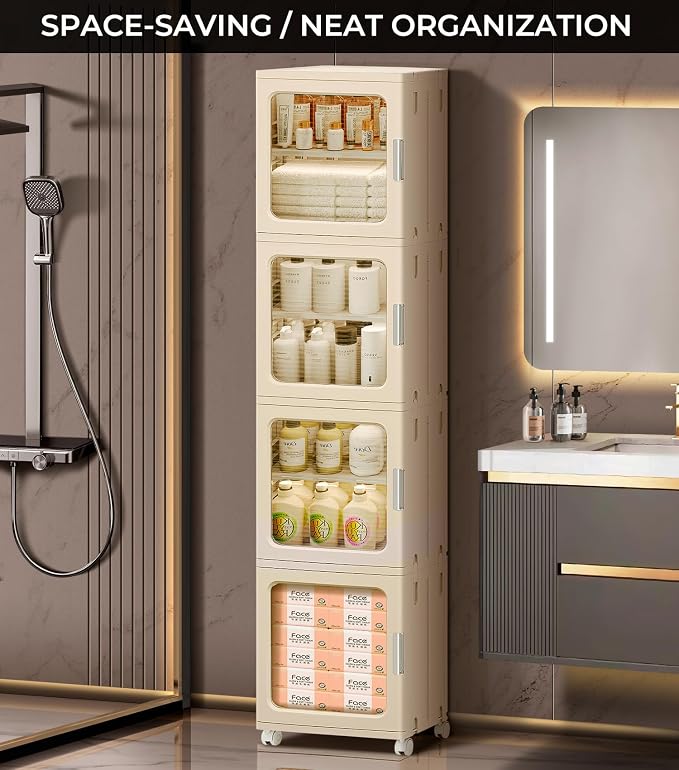 4-Tier Tall Narrow Bathroom Storage Cabinet with Doors and Adjustable Shelves Slim Foldable Cabinets with Wheels Small Spaces Plastic Organizers for Kitchen Laundry Room Bedroom Pantry,Beige