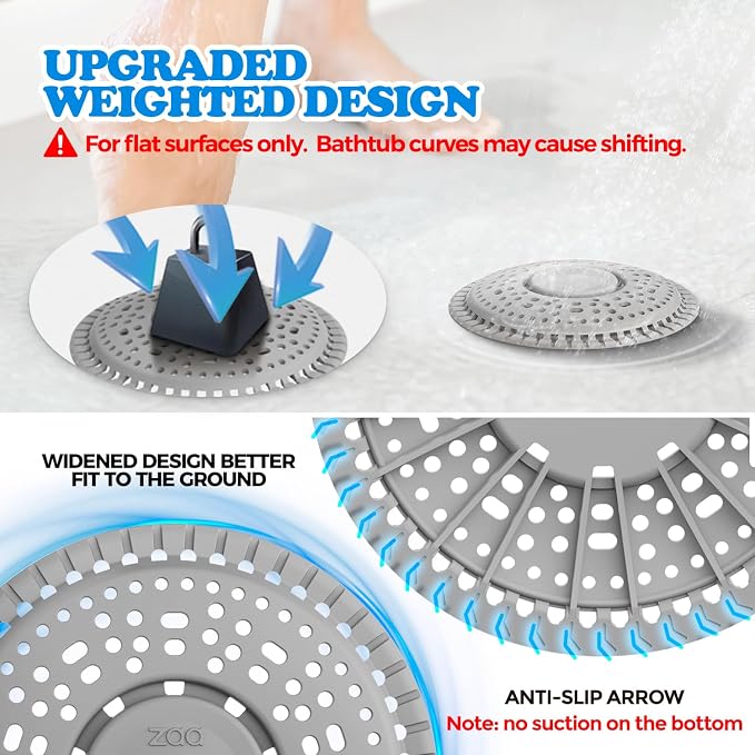 Shower Drain Hair Catcher Silicone Flat Floor Strainer Protector | 2 Pack Gray Weighted Flat Shower Drain Protectors, Traps Hair Before Clogs, Easy to Clean in Seconds, Fits Flat Floor Drains