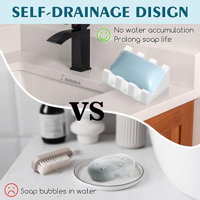 Silicone Soap Dish Self Draining with Suction Cups (Black-White) | Waterfall drainage design drains fast to keep soap dry silicone soap saver with reusable suction cups for bathroom & kitchen