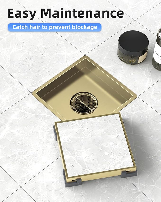 6 Inch Titanium Gold Shower Drain, 2-in-1 Tiled Shower Drain - 304 Stainless Steel Square Shower Floor Drain for Bathroom, Brushed Gold Drain Shower with Tile Insert Grate Removable,Hair Strainer