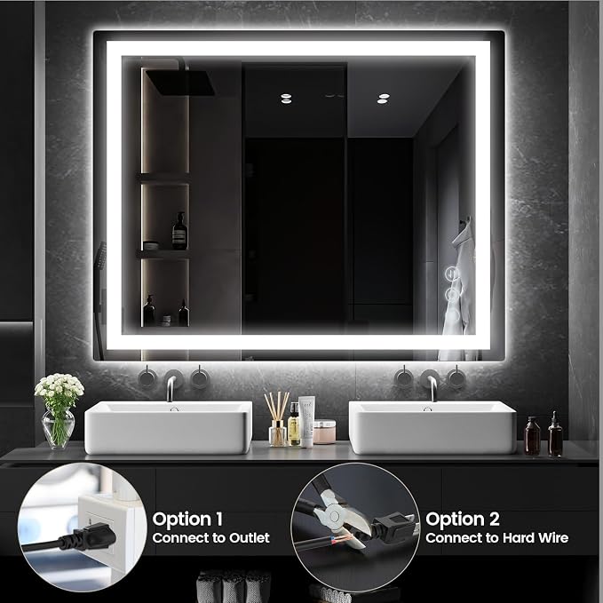 Memobarco 32" x 40" LED Bathroom Mirror with Lights, Memory Vanity Mirror | Anti-Fog, 3 Color Modes, Dimmable, Front Lit, Memory Function, Tempered Glass, Lighted Bathroom Mirror for Wall