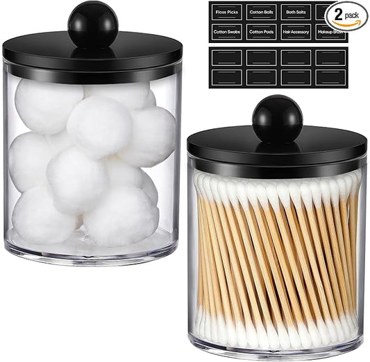 2 Pack Acrylic Qtip Holder Dispenser for Cotton Swabs, Balls, Pads, Floss - Plastic Canister Apothecary Jar Set, Bathroom Essentials Accessories Decor Vanity Makeup Storage Organizer - Clear & Black