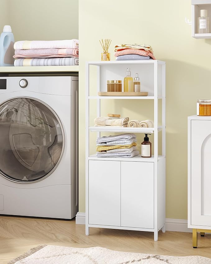 Hzuaneri Storage Bathroom Cabinet, Bathroom Floor Cabinet with Doors and Open Adjustable Shelf, Small Cabinets with Ventilated Metal Grid, Freestanding Storage Cabinets, White 7.9"D x 15"W x 35.5"H