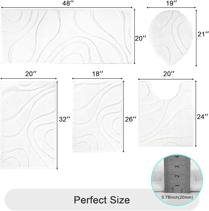 HEBE Bathroom Rugs Sets 5 Piece, Non Slip Washable Absorbent Bath Mat Set | Super Soft Plush Microfiber Bathroom Mats with Runner Set, Solid Bathmat with U-Shaped Toilet Rug Cover Set for Tub, Shower