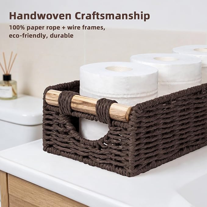 CubesLand Back of Toilet Storage Basket for Organizing w/Cut Out Handle, Handwoven Toilet Tank Top Paper Baskets, Small Wicker Decorative Basket for Countertop, Home, Living Room, Nursery, Brown