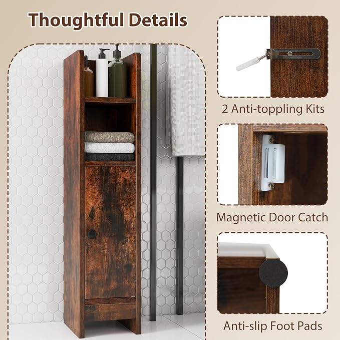 GIANTEX Bathroom Cabinet, Narrow Side Cabinet with Adjustable Shelf, Bathroom Cabinet, Space Saving, Storage Cabinet for Laundry Room, Living Room & Kitchen, 20 x 18 x 80 cm (Brown)