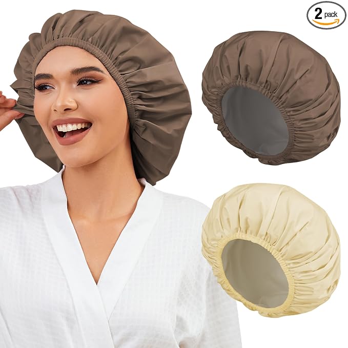 2 Pack Shower Caps for Women, Reusable Waterproof Shower Cap with Elastic Band, Thickened Waterproof Fabric Shower Bonnet for Braids, Long Hair