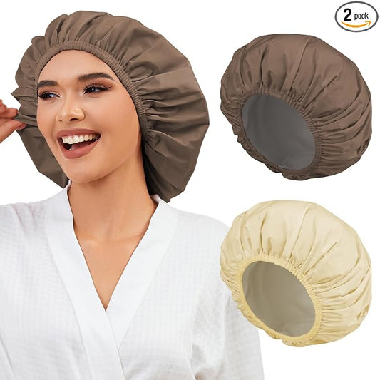 2 Pack Shower Caps for Women, Reusable Waterproof Shower Cap with Elastic Band, Thickened Waterproof Fabric Shower Bonnet for Braids, Long Hair