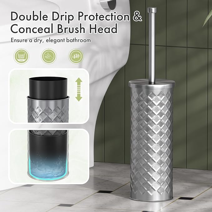 Toilet Bowl Brush and Holder Set 2 Pack with 4 Extra Brush Heads (Silver) | Extra Long Handle with Splash Guard Cover, Tool-Free Installation, Bathroom Space-Saving, Cleaner Sets for Apartments, RV