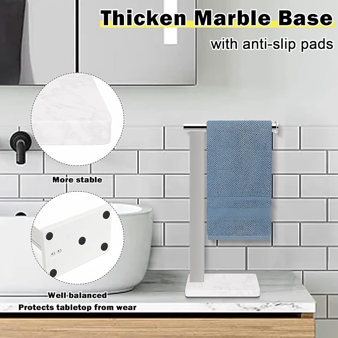 Stainless Steel L-Shaped Hand Towel Holder, SUS304 Bathroom Towel Rack with Thickened Base for Countertop Vanity (Chrome, Square Base)