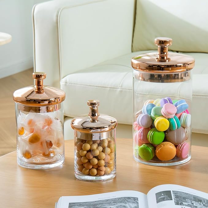 MyGift Glass Apothecary Cookie Jar Set with Copper Lid | Decorative Kitchen and Bath Storage Canisters, Wedding Centerpiece Jars, Candy Buffet with Lids