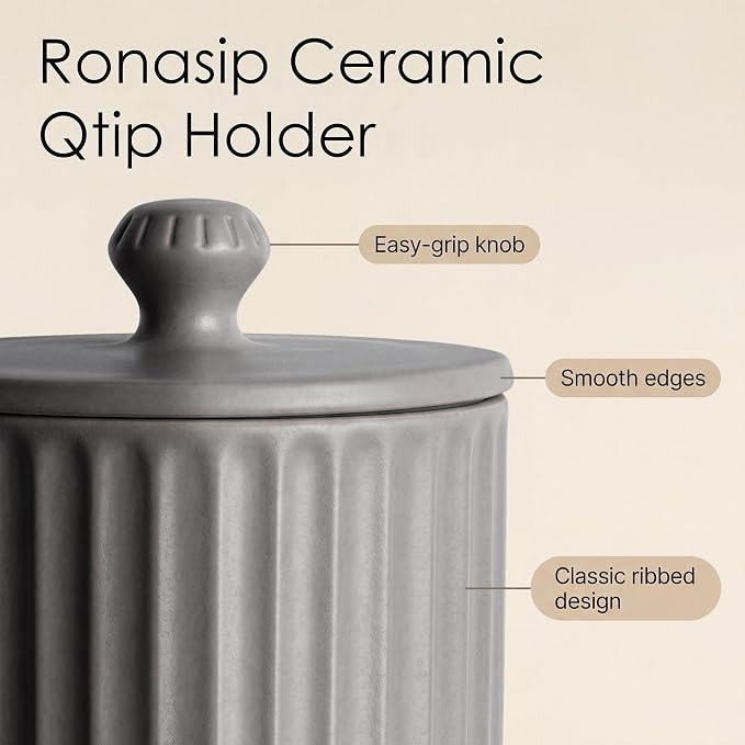 Ronasip Ceramic Bathroom Organizer and Storage Jars with Lid, 2 Pack Qtip Holder and Cotton Pad Dispenser, Apothecary Canisters for Vanity, Kitchen Countertop, Home Decor (2, Gray)