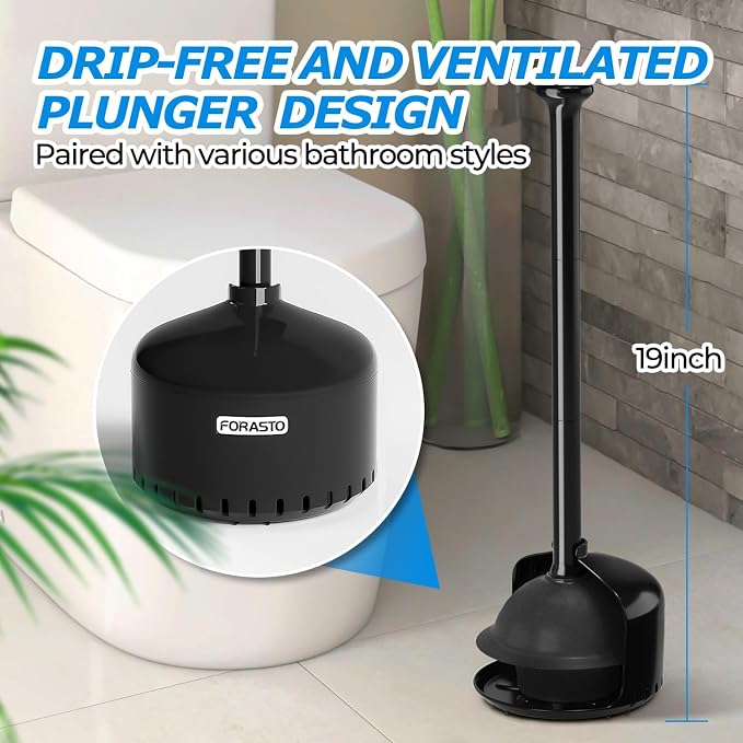 FORASTO 3 Packs Toilet Plunger with Holder for Bathroom Cleanup, Black | Bathroom Essentials for Apartment, Cleaning Supplies, Home Essentials, Bathroom Decor, Bathroom Accessories