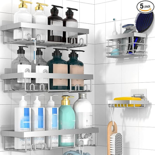 Moforoco Adhesive Shower Caddy Organizer Shelves Rack - 5 Pack Corner Bathroom Storage Organization, Home & Kitchen Decor Inside RV Accessories, Hanging First Apartment Household Camper Essentials