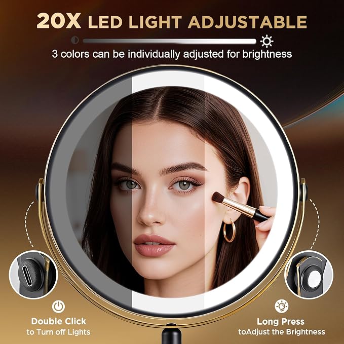 Lighted Makeup Mirror, 20x Magnifying - Matte Black with Gold Trim | Rechargeable Double Side Vanity Mirror, 3 Colors with Brightness Adjustable, Modern Style Side Touch & Charge, Women Gift