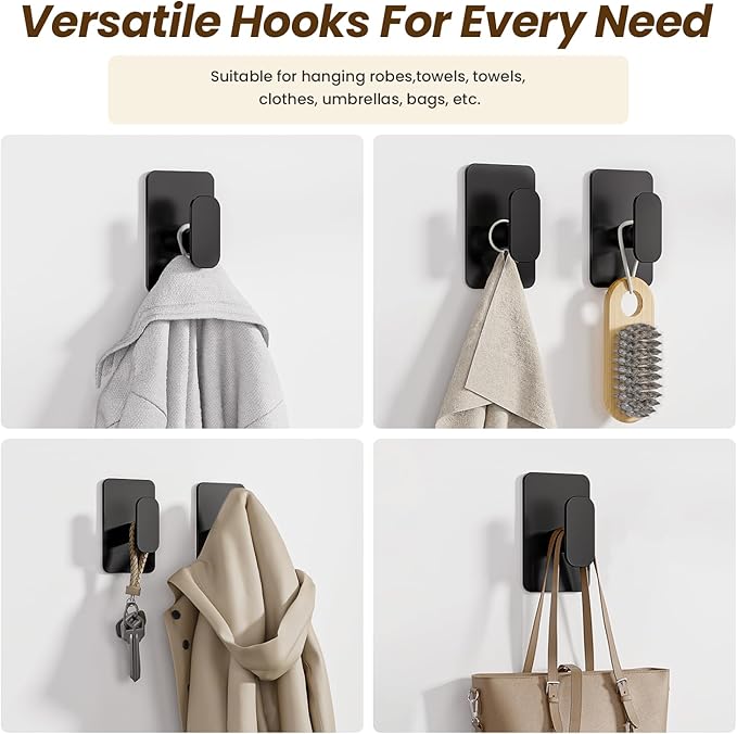 Large Heavy Duty Wall Hooks - 26lb Max, Stainless Steel Adhesive Towel Hooks for Hanging Towel, Coat, Robe, Hat, Sticky Towel Holder for Wall Mount in Bathroom, Shower, Kitchen (Black, 2 Pack)