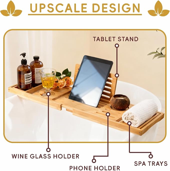 Premium Foldable Bamboo Bathtub Tray Caddy, Expandable Bath Caddy Tray with Holder, Natural Bath Shelf Over Tub, Spa Bathroom Accessories & Gifts for Home