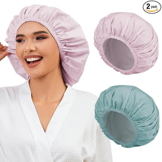 2 Pack Shower Caps for Women, Reusable Waterproof Shower Cap with Elastic Band, Thickened Waterproof Fabric Shower Bonnet for Braids, Long Hair