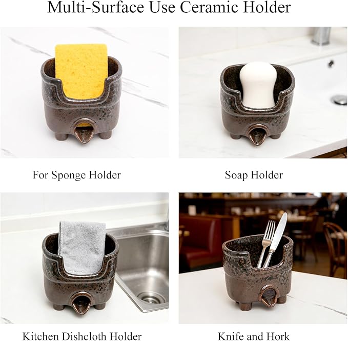 Ceramic Sponge Holder with Drainage, Vintage Sink Caddy | Self-Draining Organizer for Sponge, Soap & Brush, Handmade Kitchen Countertop Decor (Rust Reactive Glaze)