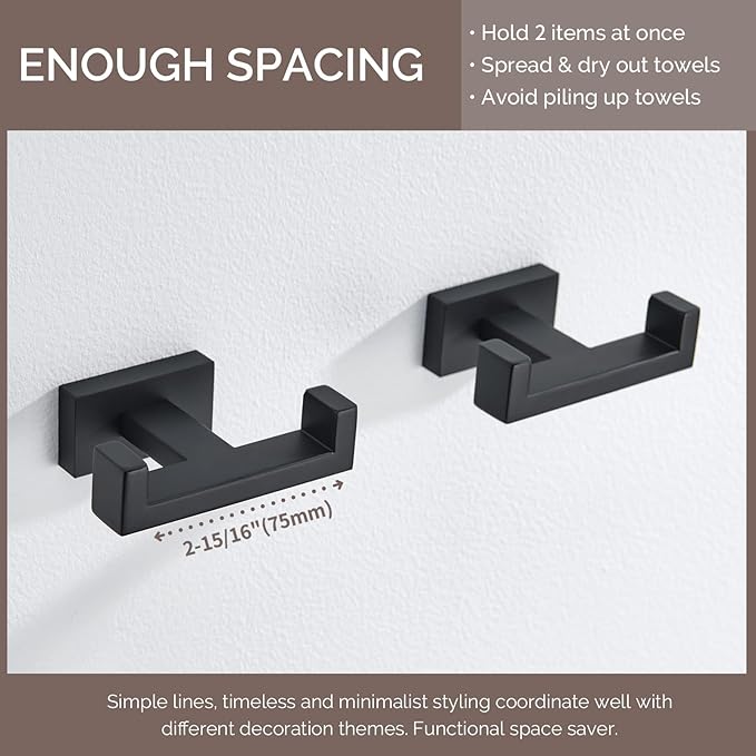 Angle Simple Bathroom Towel Hooks, SUS304 Stainless Steel Shower Double Robe Coat Hooks for Wall, Matte Black, 2 Pack