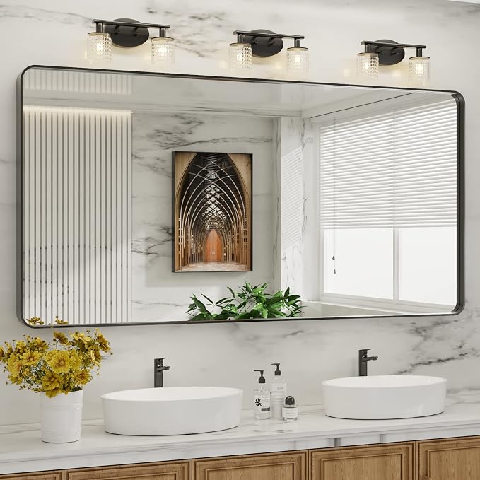 LOAAO 72X32 Inch Black Bathroom Mirror Metal Framed | Rounded Rectangle, Matte Black, Anti-Rust, Tempered Glass, Hangs Horizontally or Vertically