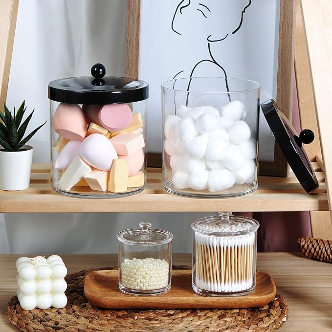 4 Pack 50Oz Large Plastic Apothecary Jar with Black Stainless Steel Lid - Shatterproof Laundry Pods Container - Modern Industrial Bathroom & Kitchen Storage Organizer for Scent Beads, Bath Bombs
