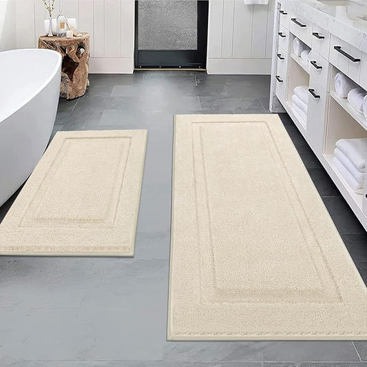 SHACOS Soft Microfiber Bathroom Rugs Set of 2 Pieces, Light Beige | 47x20 + 32x20, Absorbent Plush Bath Rugs, Non Slip Washable Shaggy Bath Mats, Fluffy Bathroom Runner Floor Mats Shower Rug