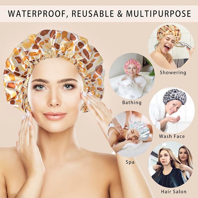 Shower Caps for Women, 4 PCS Reusable Waterproof Bath Cap | Double Layer, Washable, Wide Elastic Band, Holds Long Hair, Caps for Bath Accessories, Spa, Travel Home - Stone