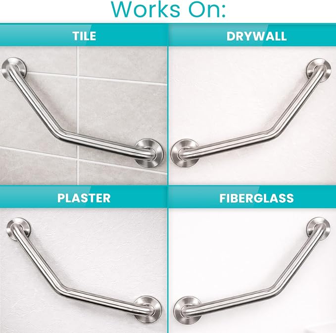 Vive Angled Shower Grab Bar (Supports 440lbs) - ADA Compliant Tub, Bathroom, Bathtub Safety Assist Rail for Handicap, Seniors, Elderly - 16in Grip Handle for Bath and Toilet - Brushed Nickel Finish