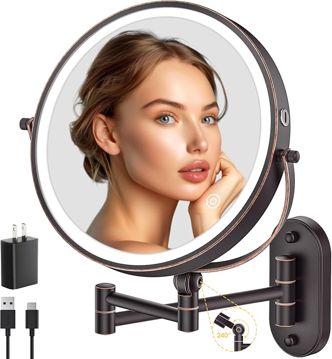 IMIKONA 9" Wall Mounted Lighted Makeup Mirror,4000mAh Rechargeable Double Sided 1X/10X Magnifying Mirror with Light,3 Color Lights,Touch Dimmable,Extended Arm 360 Rotation Wall Mounted Makeup Mirror