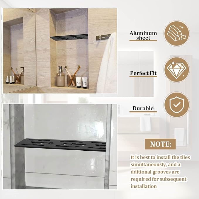 Rectangular Shelf for 12 Inch Tile Prefabricated Niches, Shower Niche Shelf with Frosted Anodized Aluminum Finish, Fits 1/8 inch Grout Lines Shower Niche Insert