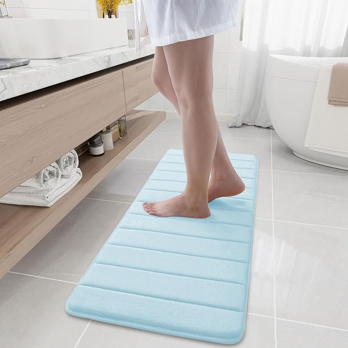 Buganda Memory Foam Bath Mat 47 x 17, Ultra Soft Absorbent Bathroom Rugs | Light Blue, Machine Washable Quick Dry Bath Mats for Bathroom Floor, Shower and Tub, Home Decor Accessories