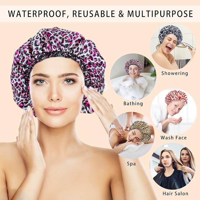 Shower Caps for Women, 4 PCS Reusable Waterproof Bath Cap | Double Layer, Washable, Wide Elastic Band, Holds Long Hair, Caps for Bath Accessories, Spa, Travel Home - Printed Color