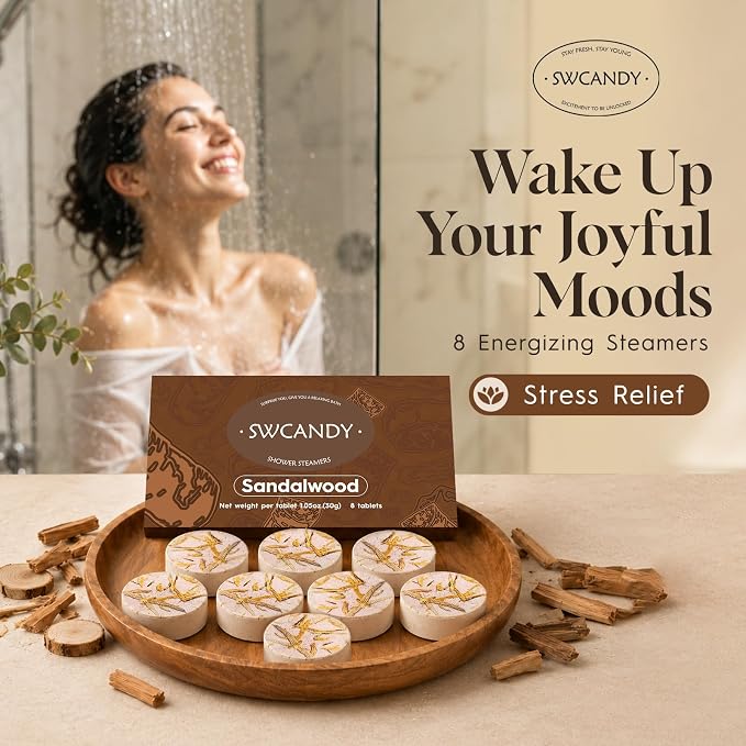 SWCANDY Sandalwood Shower Steamers 8 Pack, Home Spa Self Care | Warm woody aromatherapy with natural essential oils, unisex shower gift for women, men, wife & husband.