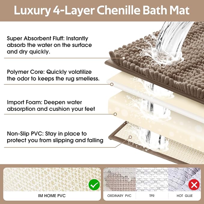 ACCUMTEK Striped Dark Beige Bathroom Rug Mat Set 2 piece 32"x20"+24"x17" Ultra Soft, Non Slip Chenille Bath Rugs, Absorbent Plush Shaggy Bath Mats for Bathroom, Bedroom, Kitchen, Shower, Tub,Taupe
