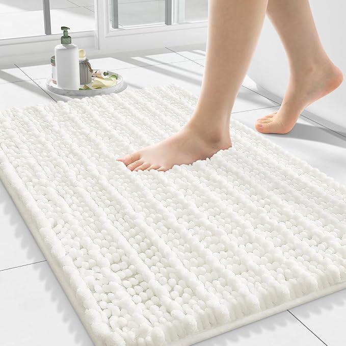 Smiry Bathroom Rugs 24X16, Extra Soft Rubber Backing Chenille Bath Mats | Ivory Machine Washable Non Slip Quick Dry Bath Mats for Bathroom Floor, Tub, Shower, Home Decor Accessories