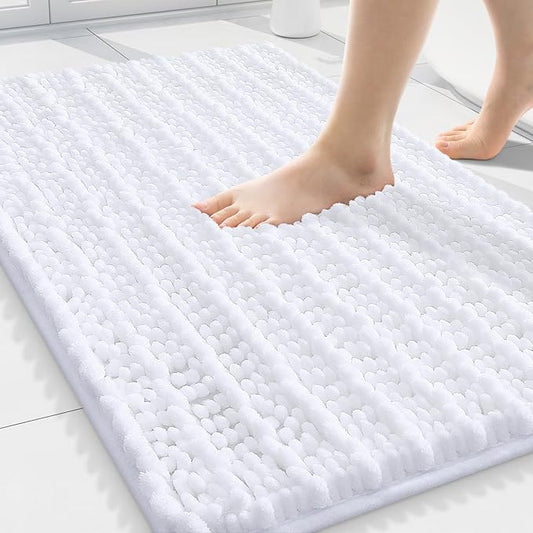 Smiry Bathroom Rugs 30X20, Extra Soft Rubber Backing Chenille Bath Mats | White Machine Washable Non Slip Quick Dry Bath Mats for Bathroom Floor, Tub, Shower, Home Decor Accessories