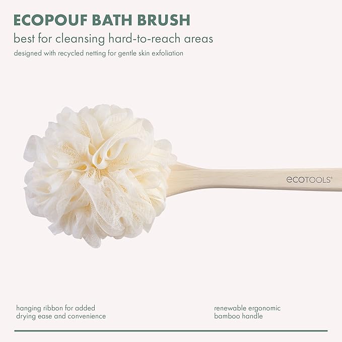 EcoTools EcoPouf Bath Brush, Loofah for Men and Women, 1 Count | Back brush for shower made with long handle, soft netting for gentle exfoliation, bamboo loofah