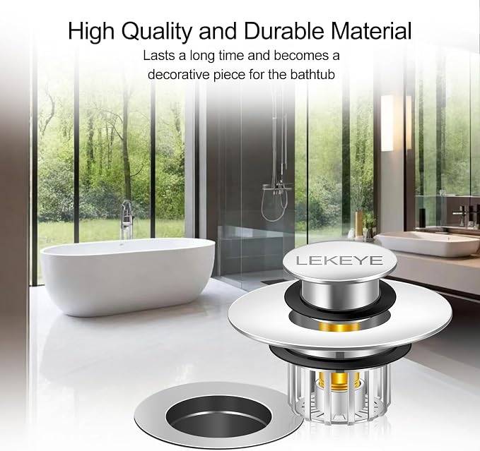 LEKEYE Tub Stopper | Shower Drain Hair Catcher | Pop-up Drain Stopper with Strainer | Bathroom Bathtub Plug | Drain Protector for 1-1/2 to 1-3/4" Bath Drain Hole - Pearl Chrome